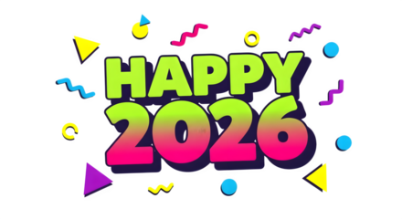 Happy 2026 text with colorful confetti and streamers isolated on transparent background
