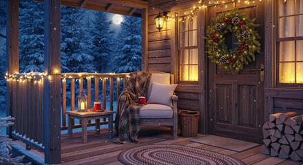 Enchanting winter evening scene on a cozy wooden porch, beautifully decorated with warm string lights and a festive wreath, inviting comfort and holiday cheer amidst falling snow