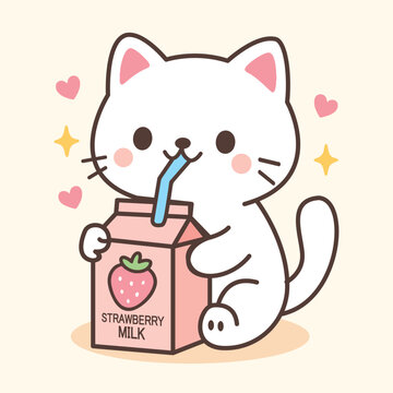 Cute kawaii cat sipping strawberry milk in soft pastel colors. Perfect for stickers, t-shirts, and kids designs.