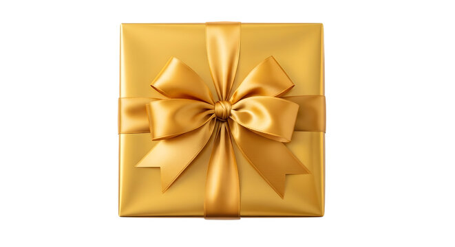 A square golden gift box with a satin ribbon and bow, presented elegantly on a transparent background for a luxurious feel