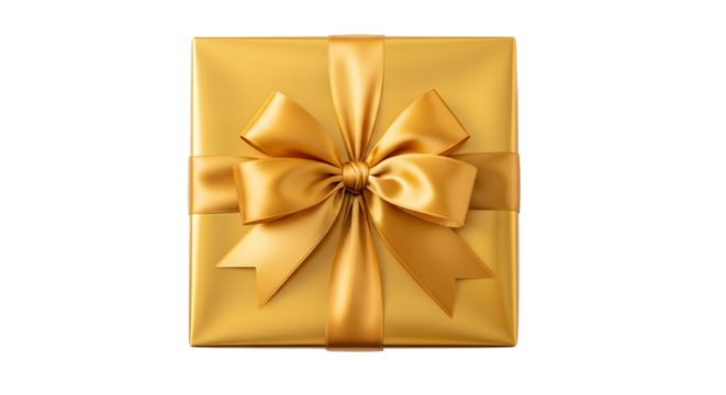 A square golden gift box with a satin ribbon and bow, presented elegantly on a transparent background for a luxurious feel