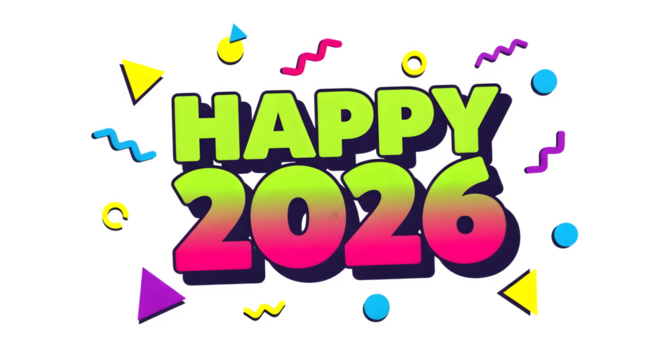 Happy 2026 text with colorful confetti and streamers isolated on transparent background