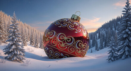 A grand, red Christmas bauble with intricate golden patterns nestled in a serene, snow-covered winter wonderland at twilight, evoking festive joy and holiday spirit