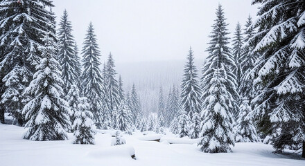 Majestic winter wonderland scene with snow-covered evergreen trees creating a serene and captivating forest landscape on a frosty, cold day