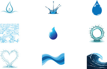 Collection of abstract blue water and liquid elements with diverse artistic interpretations and textures