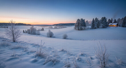 Serene winter landscape at dawn, showcasing a quaint illuminated cabin nestled among frosted pine trees and rolling snow-covered hills under a breathtaking twilight sky, evoking tranquility
