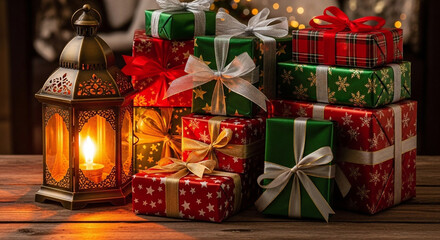 Whisking festive joy into the air A warm lantern illuminates a beautiful stack of holiday gifts, creating a cozy and inviting seasonal celebration scene