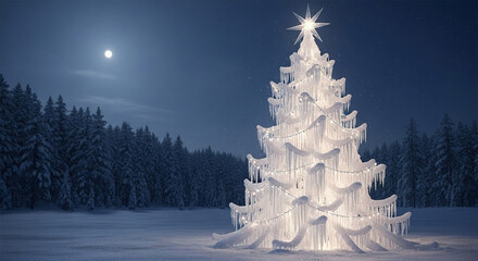 Ethereal ice Christmas tree shimmering under a full moon in a serene winter wonderland, its delicate glow blending with the crisp night air, evoking a magical festive spirit