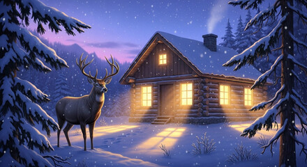 Magical winter scene with a majestic deer standing by a warmly lit log cabin in a snow-covered forest, creating a cozy and enchanting night