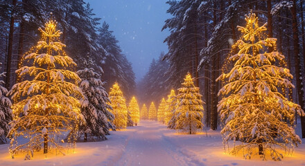 Magical Winter Forest Illuminated by Golden Lights, Beautifully Blending Nature's Serenity with Festive Warmth, Creating a Snowy Wonderland at Night