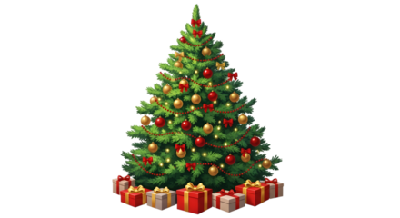 Decorated christmas tree with lights and ornaments surrounded by gift boxes