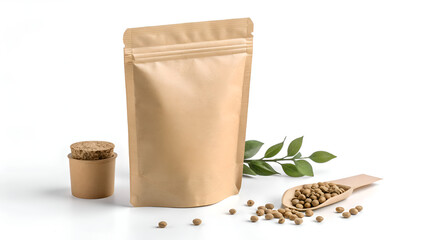 Eco friendly packaging for natural products showcasing a kraft paper pouch, scoop, and jar for sustainable brand marketing and organic retail appeal