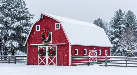 Festive Red Barn Adorned with Wreaths in a Winter Wonderland Landscape Covered in Fresh Snow, Capturing the Tranquil Beauty of the Holiday Season