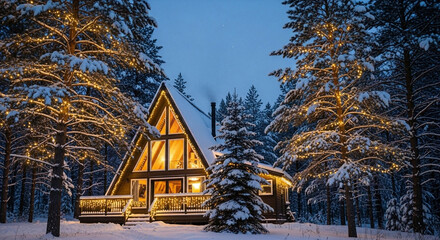 Warmly lit A-frame cabin nestled in an enchanting snowy forest at twilight, a serene winter wonderland perfect for a peaceful escape and cozy moments