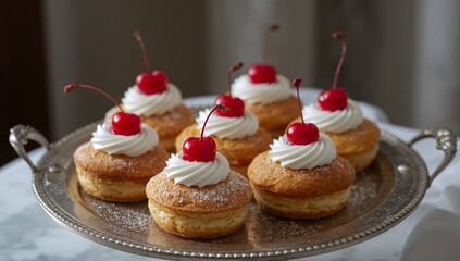 Golden Treats. Muffinlike Forms Topped with Creamy Swirls and Shiny Red Orbs on Silver Platter.