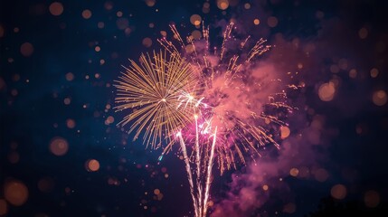 Fototapeta premium Three fireworks exploding in the night sky with bokeh light effect background