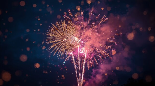 Three fireworks exploding in the night sky with bokeh light effect background - Powered by Adobe