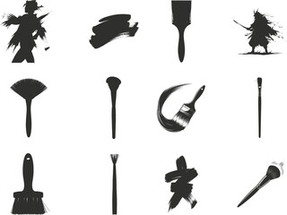 Collection of abstract black ink brush stroke silhouettes of various figures and objects on a white background