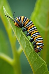 Close-up of Monarch Caterpillar Dining on Vibrant Milkweed Leaf: A Yellow Insect's Delight