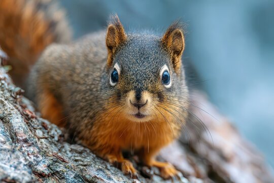 Close-up of a Douglas Squirrel Featuring Fluffy Ear Tufts and a Bushy Tail, Gazing Curiously in North American Wilderness