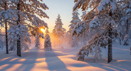 Golden hour light 'whisks' softly through a pristine, snow-covered winter forest, creating a breathtaking, serene landscape adorned with frosted trees and delicate shadows