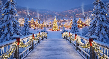 Magical winter wonderland village, blanketed in snow and glowing with festive lights. A majestic Christmas tree and decorated bridge create a serene holiday ambiance