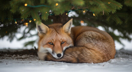 Cozy whiskered red fox nestled in fresh snow beneath a beautifully lit Christmas tree, embodying tranquil winter holidays