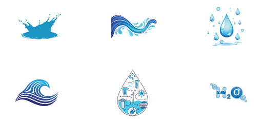 Collection of abstract watercolor illustrations and designs in shades of blue and white with organic and geometric shapes