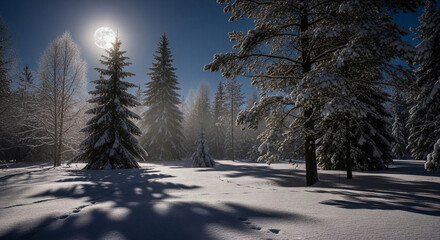 Moonlit Winter Wonderland Serene Snow-Covered Forest Under a Bright Full Moon at Night, Creating Long Shadows and a Magical Landscape