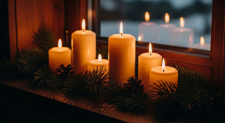 Cozy winter evening scene with flickering candlelight illuminating a serene windowsill, creating a warm and festive atmosphere against the snowy backdrop