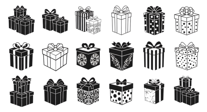 Collection of various black and white gift box icons with ribbons and bows