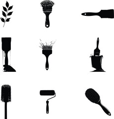 Collection of abstract silhouette illustrations of various tools and objects on a clean white background