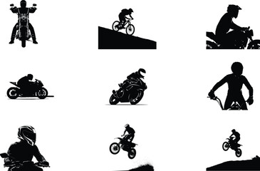 Collection of silhouetted motocross riders performing various stunts and actions on motorcycles against a white background