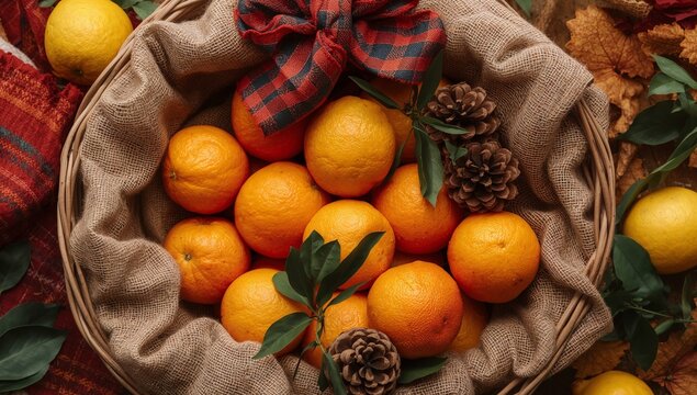 Oranges and Lemons in a Wicker Basket, Enhanced with Festive Ribbon and Pinecones.