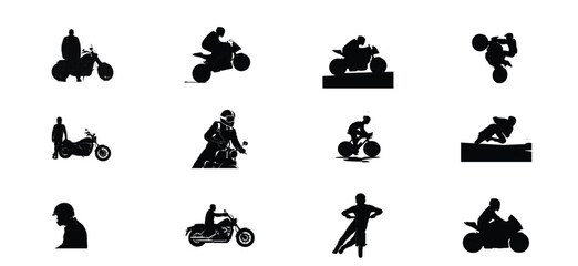 Collection of silhouette icons representing diverse action sports and motorcycle activities for graphic design