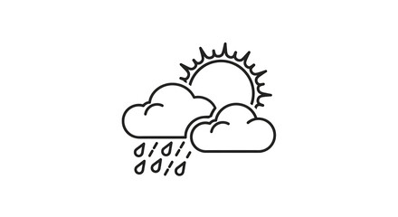 Fototapeta premium Sun behind clouds, falling rain drops outline weather precipitation, isolated on white or transparent background, AI