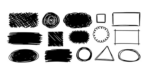 Pencil scribble vector frame set. Hand drawn pencil texture scribble stroke rectangle, circle frame and underline. Grunge sketch marker cloud bubble, geometric shape. Vector illustration 