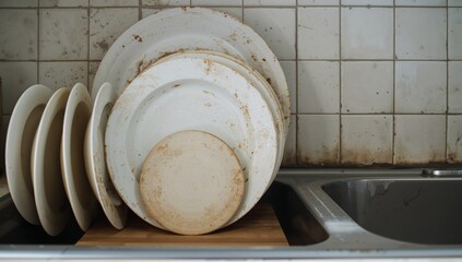 Plates in a Sink. A Study of Light, Texture, and Circular Forms in Everyday Objects.