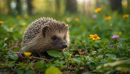 Prickly Companion Amidst Blooms. A Study in Texture, Form, and Golden Light.