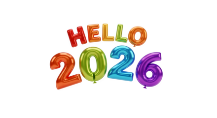 Colorful balloons spell out hello 2026 isolated on transparent background