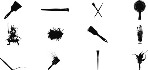 Collection of abstract black silhouettes of various tools and utensils against a white background