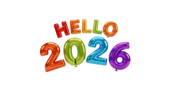 Colorful balloons spell out hello 2026 isolated on transparent background - Powered by Adobe