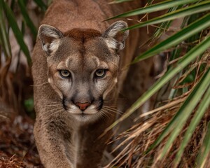 Obraz premium Florida Panther Stalking: A Majestic Puma Navigating Its Natural Habitat