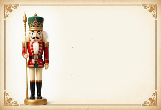 Klassischer Nussknacker in Uniform steht vor hellem Hintergrund mit elegantem Rahmen Generative KI