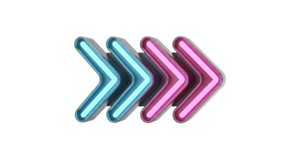 Four Neon Arrows Pointing Right, Cyan and Magenta direction forward, isolated on white or transparent background, AI