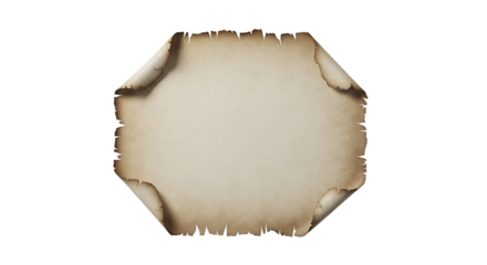 Aged parchment scroll, burnt edges and curled corners paper, isolated on white or transparent background, AI