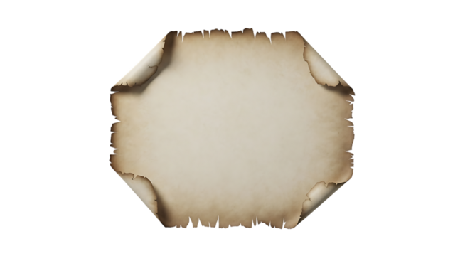 Aged parchment scroll, burnt edges and curled corners paper, isolated on white or transparent background, AI