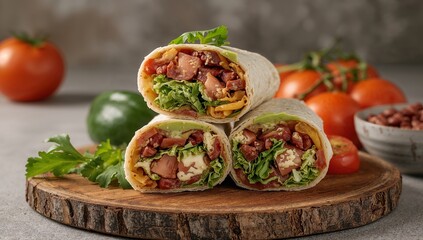 Stacked Wraps on Rustic Wood, a Culinary Composition in Textures and Colors.