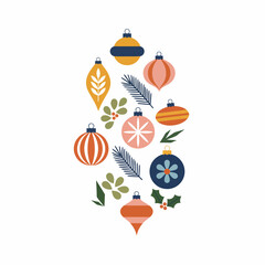 Mid-Century Modern Christmas ornaments and winter greenery textured illustration on a clean white background