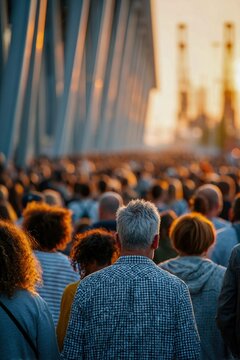 Families gather for a community celebration at sunset in a lively urban setting